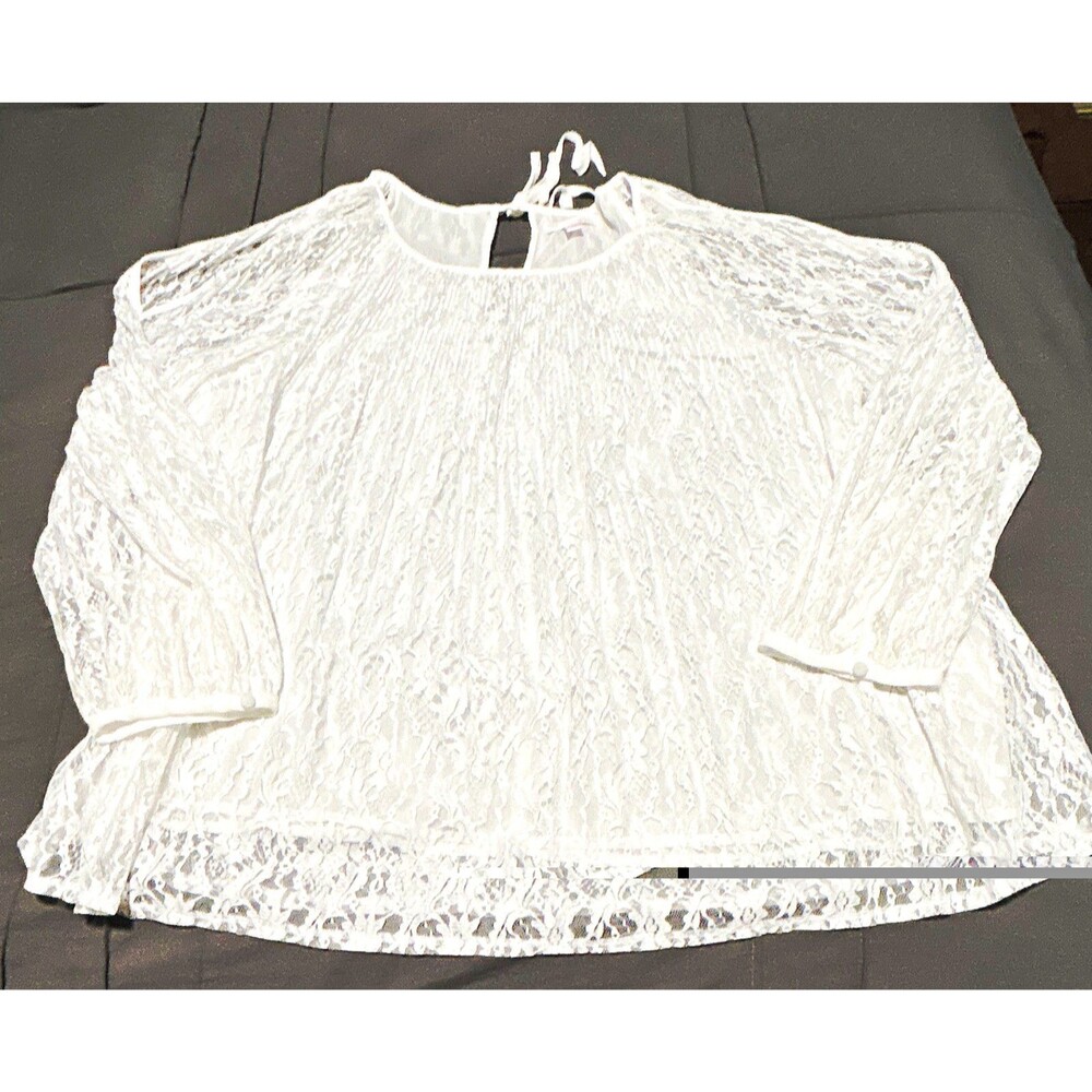 LC Lauren Conrad Women’s White Floral Lace Sheer Long Sleeve Tie Blouse, XL